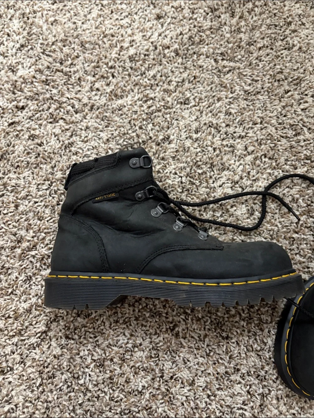 Dr. Martens Black Leather Work Boots with Yellow Stitching